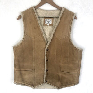 VTG STEER BRAND Suede Snap Vest Men's Sz M Tan Western Sherpa Lined Pockets USA‎